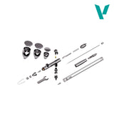 Collection of metal tools and components on a white background
