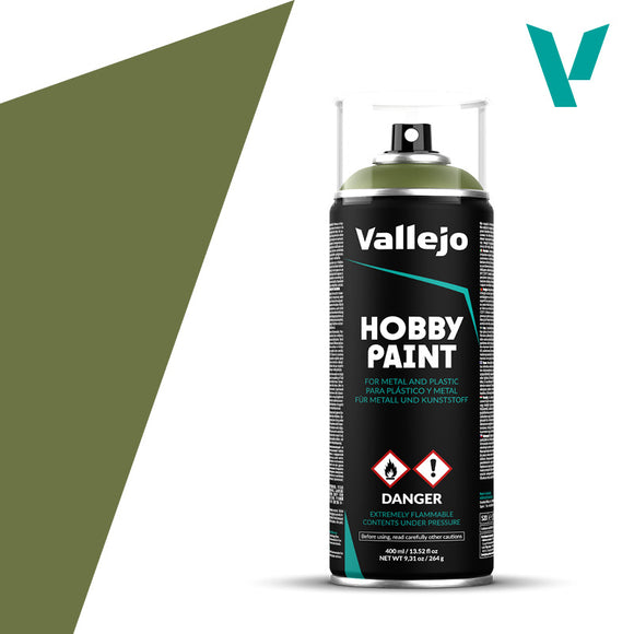 Vallejo Hobby Paint can with green color swatch on a white background