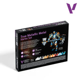 Vallejo True Metallic Metal Starter Set box on a clean white background, showing the back of the packaging with product details, a fantasy warrior illustration, and color swatches.