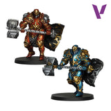 Two warrior figurines with armor and weapons on a white background