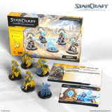 StarCraft tabletop miniature game set with figures, cards, and box on a white background