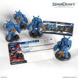 StarCraft tabletop miniatures with cards and box on a white background
