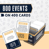 A boxed card game or deck labeled 'Chronology' with several sample cards shown in front. Large promotional text at the top reads '800 EVENTS ON 400 CARDS.