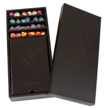 Black dice storage box with colorful dice inside, featuring a logo on the lid.
