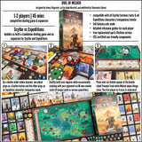Promotional graphic for the board game Duel of Meloch, showing the illustrated box cover, multiple gameplay panels, cards, tokens, and a green map. Text highlights 1-2 players, 45 minutes of competitive duel gaming