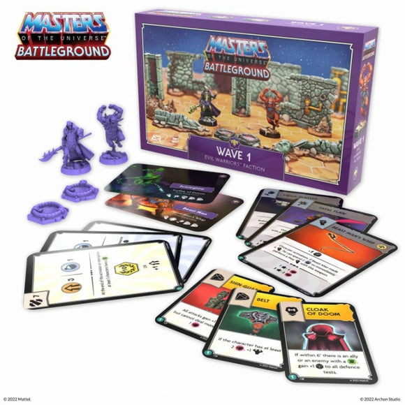 Masters of the Universe Battleground game set with figures and cards on a white background