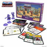 Masters of the Universe Battleground game set with figures and cards on a white background