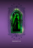 Green silhouette of a witch against a purple background with decorative elements.
