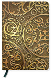 Notebook with intricate gold gear design on a white background