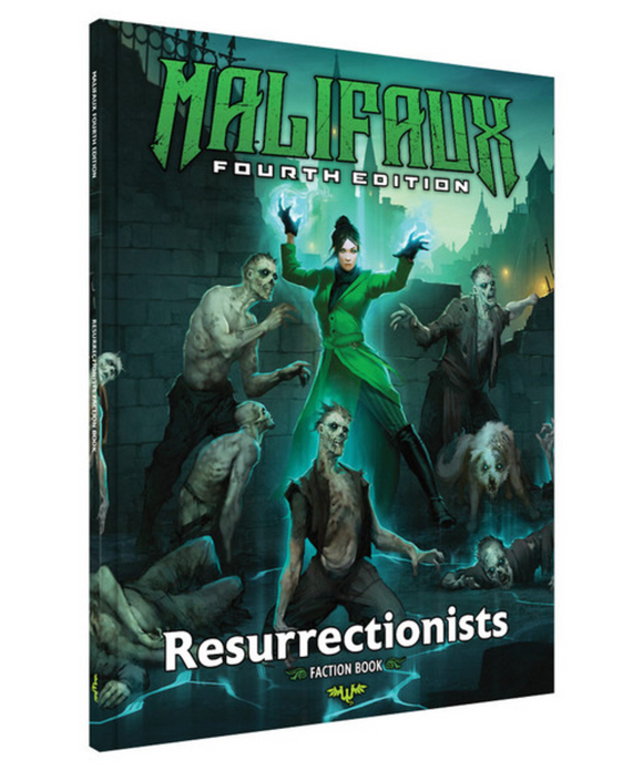 Malifaux Fourth Edition Resurrectionists faction book cover with characters in a dark setting