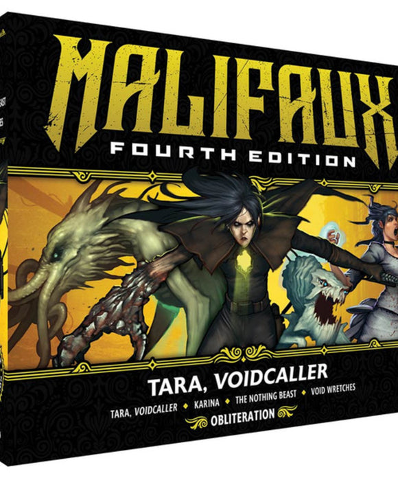 Malifaux Fourth Edition box featuring Tara, Voidcaller with fantasy characters on a black and yellow background.