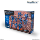 StarCraft tabletop miniatures game box with blue marine figures on a white background