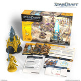 StarCraft tabletop miniature game set with figures, cards, and box on a white background