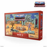 Masters of the Universe Battleground toy set packaging with figures and battle scene on a white background