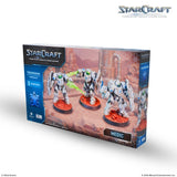 StarCraft tabletop miniatures game packaging with three robotic figures on a white background