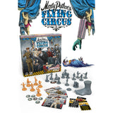 Monty Python's Flying Circus board game set with figures, cards, and box on a white background