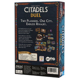 Box of 'Citadels Duel' board game by Z-Man Games with game components and branding.
