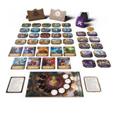 Board game components including cards, a board, and dice on a white background