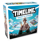 Board game box titled 'Timeline Games & Leisure' with a detective theme on a white background.