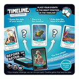Card game packaging for 'Timeline' with cards and instructions on a blue background