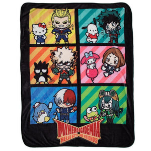 Sanrio X My Hero Academia Fleece Throw Blanket. The blanket is divided up into 6 rectangles. The top left has hello kitty and all might, next to it has poco and deku. In the middle row theres Badtz-maru and bakugo, nxt to melody and Uraraka. Finally on the last row theres tuxedo sam and todoroki, and finally in the bottom right corner theres keropi with Asui