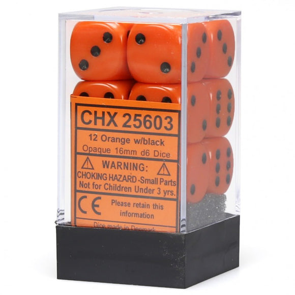 Chessex Dice: Opaque - 16mm D6 Orange/Black (12)