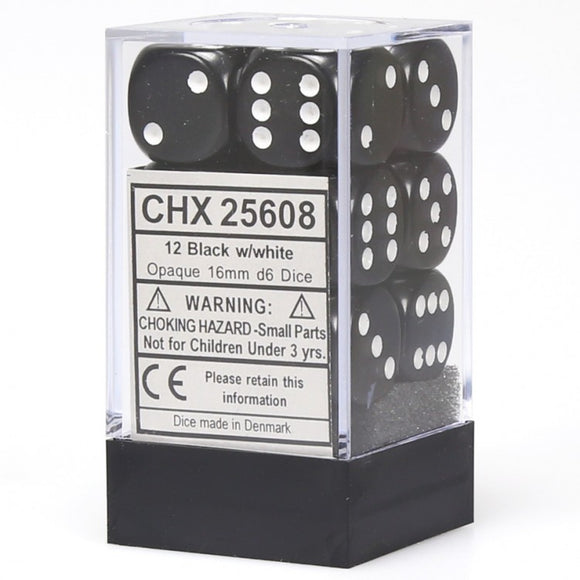 Chessex Dice: Opaque - 16mm D6 Black/White (12)