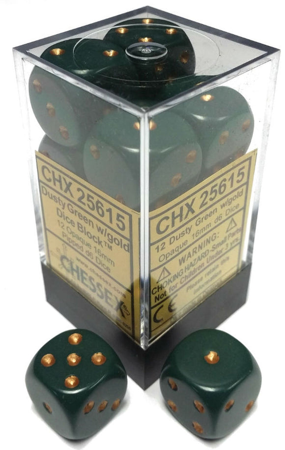 Chessex Dice: Opaque - 16mm D6 Dusty Green/Copper (12)