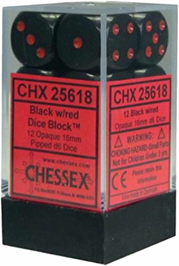 Chessex Dice: Opaque - 16mm D6 Black/Red (12)