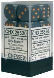 Chessex Dice: Opaque - 16mm D6 Dark Grey/Copper (12)