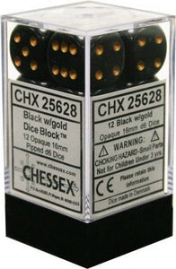Chessex Dice: Opaque - 16mm D6 Black/Gold (12)