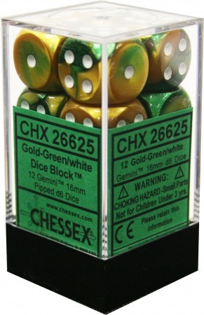 Chessex Dice: Gemini - 16mm D6 Gold Green/White (12)
