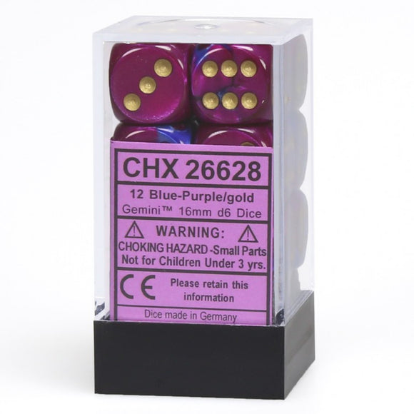 Chessex Dice: Gemini - 16mm D6 Blue Purple/Gold (12)
