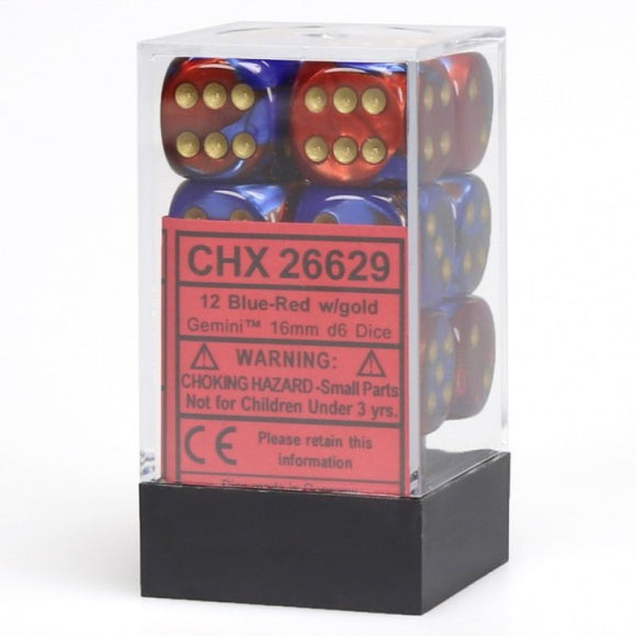 Chessex Dice: Gemini - 16mm D6 Blue Red/Gold (12)