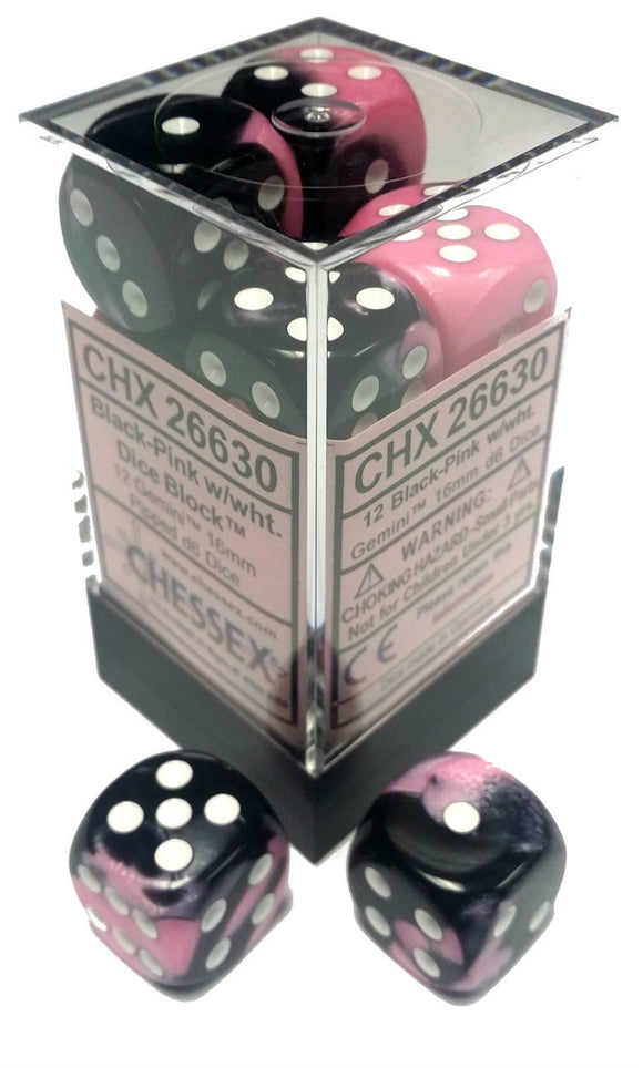 Chessex Dice: Gemini - 16mm D6 Black Pink/White (12)