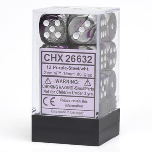 Chessex Dice: Gemini - 16mm D6 Purple Steel/White(12)