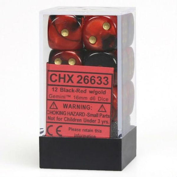 Chessex Dice: Gemini - 16mm D6 Black Red Gold/Black (12)