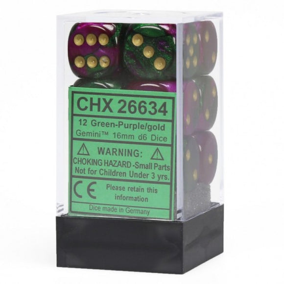 Chessex Dice: Gemini - 16mm D6 Green Purple Gold/Black (12)
