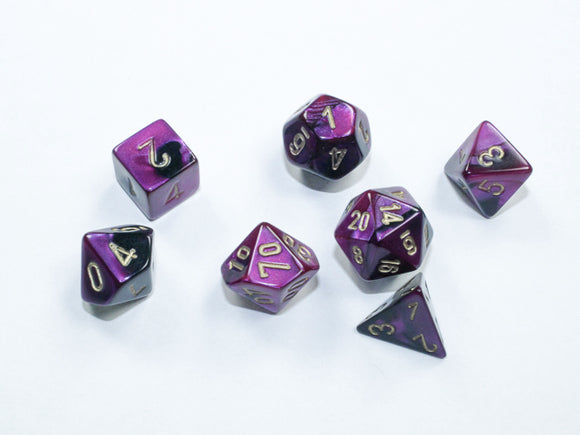 Chessex Dice: Gemini - Mini Polyhedral Black-Black-Purple/Gold 7-Die Set