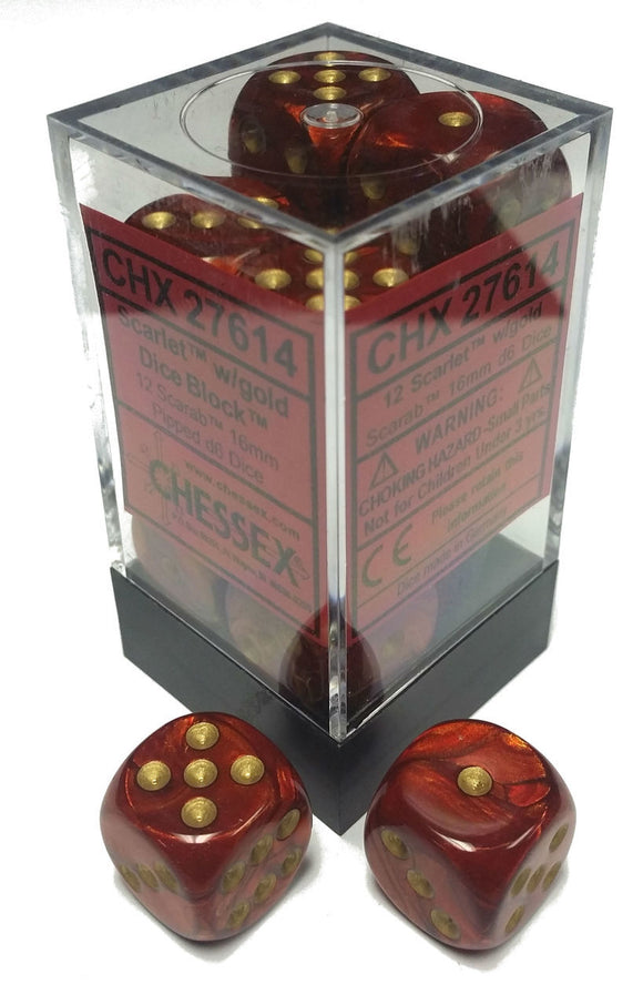 Chessex Dice: Chessex Dice: Scarab - - 16mm D6 Scarlet/Gold (12)