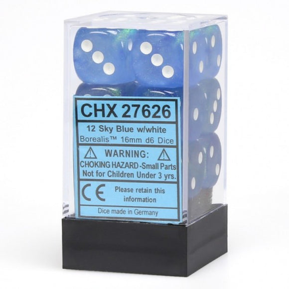 Chessex Dice: Borealis - 16mm D6 Sky Blue/White/Black (12)