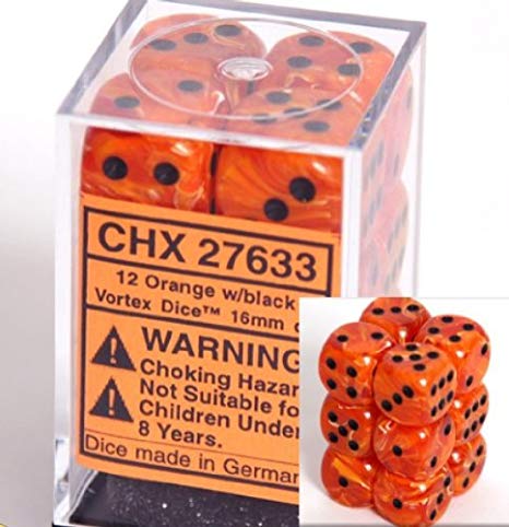 Chessex Dice: Vortex - 16mm D6 Orange/Black (12)