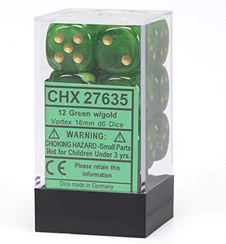 Chessex Dice: Vortex - 16mm D6 Green/Gold/Black (12)