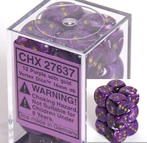 Chessex Dice: Vortex - 16mm D6 Purple/Gold/Black (12)