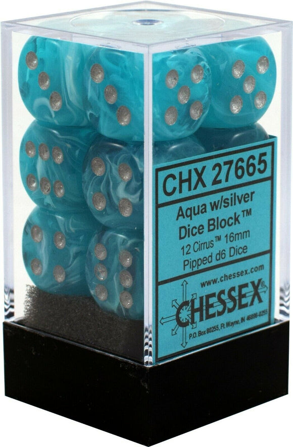 Chessex Dice: Cirrus - 16mm D6 Aqua/Silver (12)