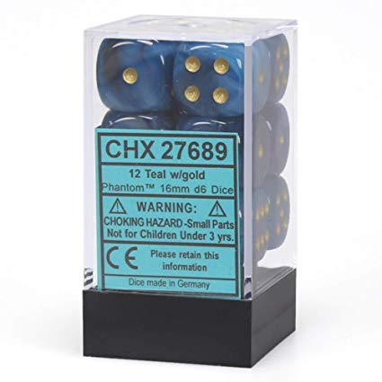 Chessex Dice: Phantom - 16mm D6 Teal/Gold (12)