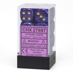 Chessex Dice: Lustrous - 16mm D6 Purple/Gold/Black (12)