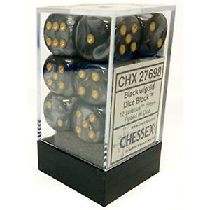 Chessex Dice: Lustrous - 16mm D6 Black/Gold (12)