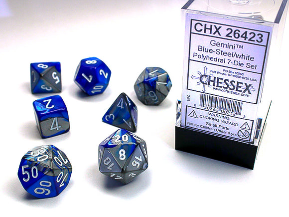 Chessex Dice: Gemini Polyhedral Set Blue Steel/White (7)