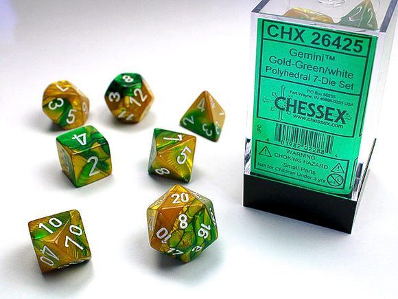 Chessex Dice: Gemini Polyhedral Set Gold Green/White (7)